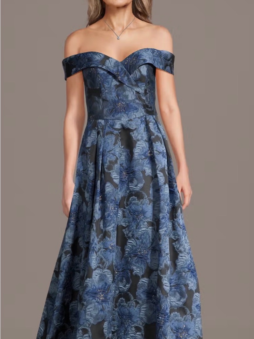 Oleg Cassini Navy Floral Off-Shoulder Ball Gown